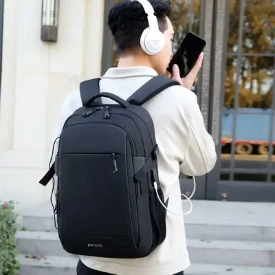 Porodo Lifestyle Water-Proof Oxford + PU Backpack With USB-A Port &ndash; Black